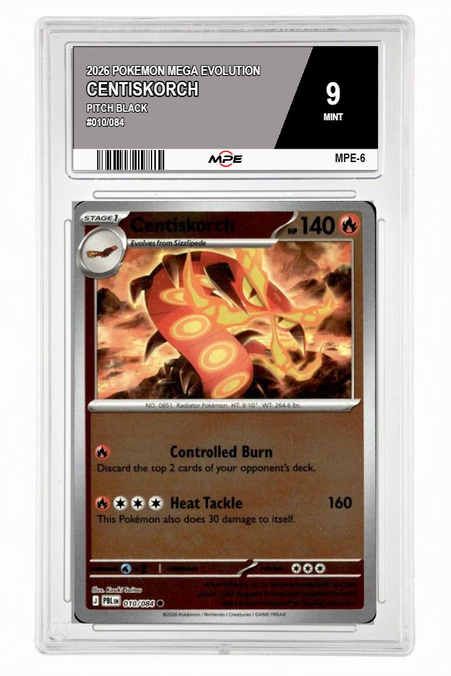 2026 POKEMON MEGA EVOLUTION PITCH BLACK #010/084 CENTISKORCH MPE 9 MINT — graded card auctioned from the MPE vault
