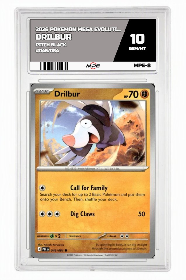 2026 POKEMON MEGA EVOLUTION PITCH BLACK #046/084 Drilbur MPE 10 GEM/MT — graded card auctioned from the MPE vault