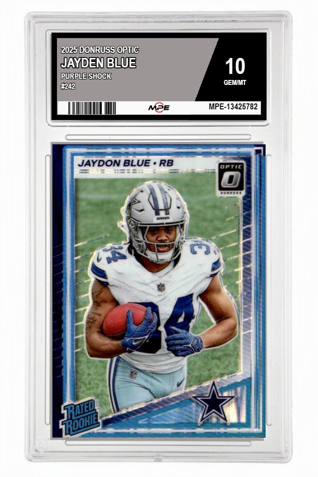 2025 DONRUSS OPTIC PURPLE SHOCK #242 JAYDEN BLUE MPE 10 GEM/MT — graded card auctioned from the MPE vault