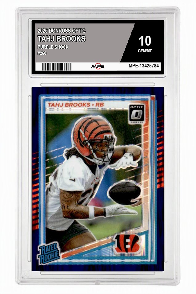 2025 DONRUSS OPTIC PURPLE SHOCK #268 TAHJ BROOKS MPE 10 GEM/MT — graded card auctioned from the MPE vault