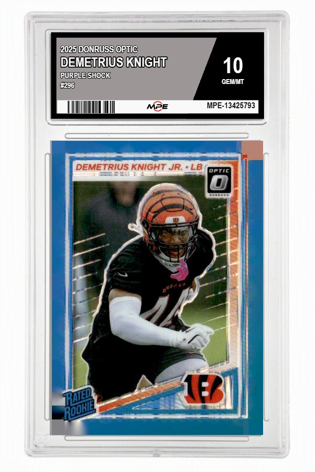 2025 DONRUSS OPTIC PURPLE SHOCK #296 DEMETRIUS KNIGHT MPE 10 GEM/MT — graded card auctioned from the MPE vault
