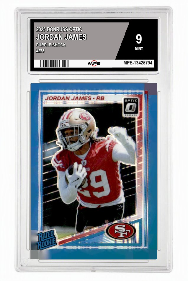 2025 DONRUSS OPTIC PURPLE SHOCK #278 JORDAN JAMES MPE 9 MINT — graded card auctioned from the MPE vault