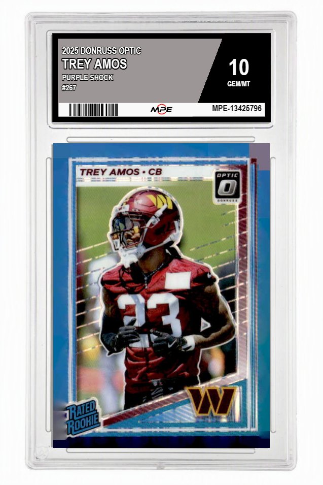 2025 DONRUSS OPTIC PURPLE SHOCK #267 TREY AMOS MPE 10 GEM/MT — graded card auctioned from the MPE vault