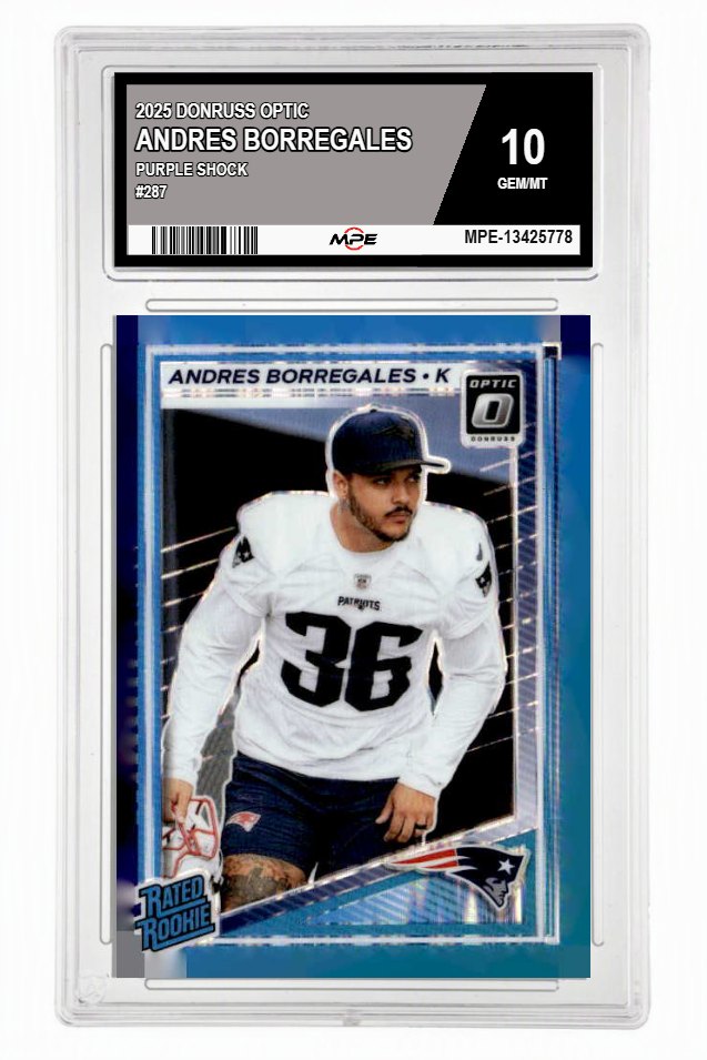 2025 DONRUSS OPTIC PURPLE SHOCK #287 ANDRES BORREGALES MPE 10 GEM/MT — graded card auctioned from the MPE vault
