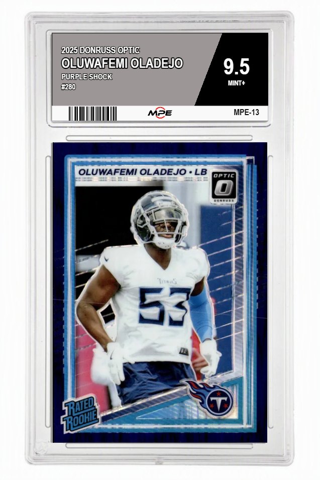 2025 DONRUSS OPTIC PURPLE SHOCK #280 OLUWAFEMI OLADEJO MPE 9.5 MINT+ — graded card auctioned from the MPE vault