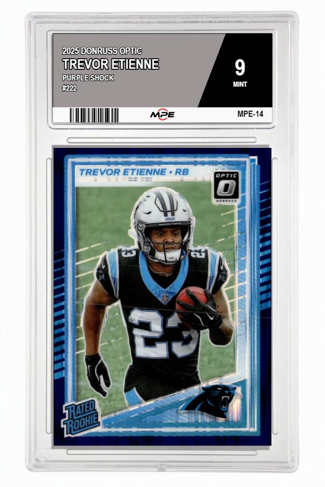2025 DONRUSS OPTIC PURPLE SHOCK #222 TREVOR ETIENNE MPE 9 MINT — graded card auctioned from the MPE vault