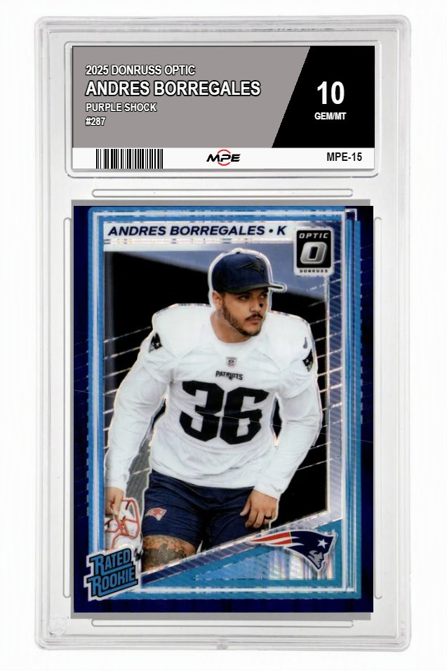 2025 DONRUSS OPTIC PURPLE SHOCK #287 ANDRES BORREGALES MPE 10 GEM/MT — graded card auctioned from the MPE vault