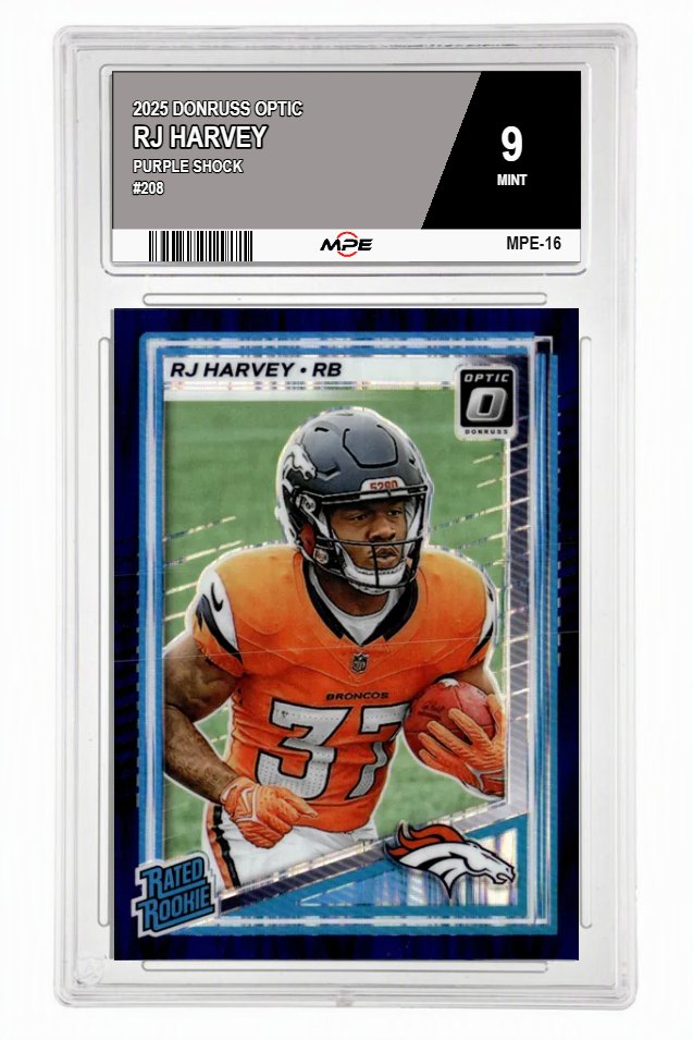 2025 DONRUSS OPTIC PURPLE SHOCK #208 RJ HARVEY MPE 9 MINT — graded card auctioned from the MPE vault