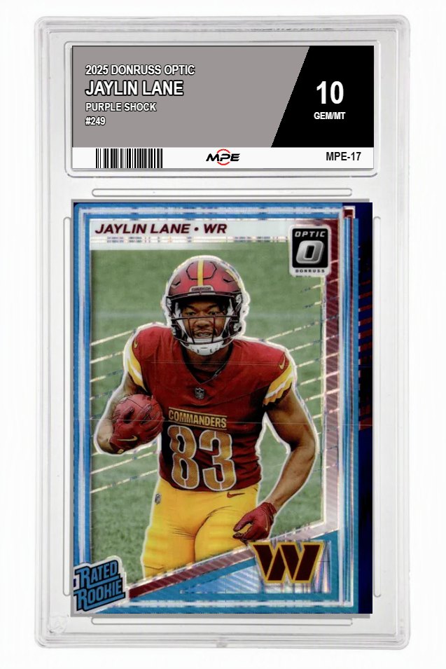 2025 DONRUSS OPTIC PURPLE SHOCK #249 JAYLIN LANE MPE 10 GEM/MT — graded card auctioned from the MPE vault