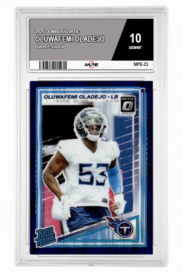 2025 DONRUSS OPTIC PURPLE SHOCK OLUWAFEMI OLADEJO MPE 10 GEM/MT — graded card auctioned from the MPE vault