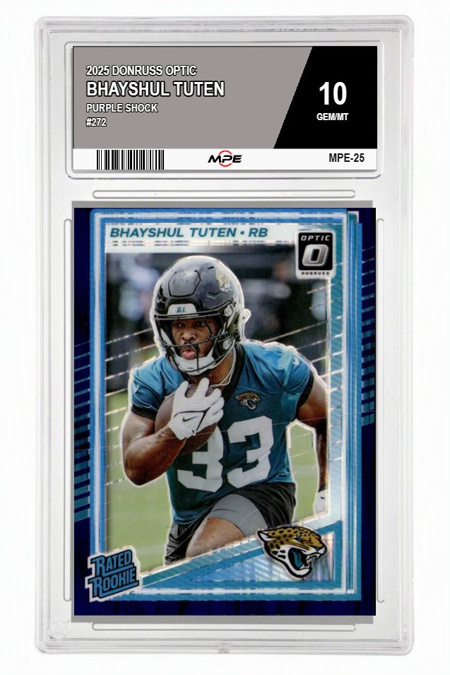 2025 DONRUSS OPTIC PURPLE SHOCK #272 BHAYSHUL TUTEN MPE 10 GEM/MT — graded card auctioned from the MPE vault