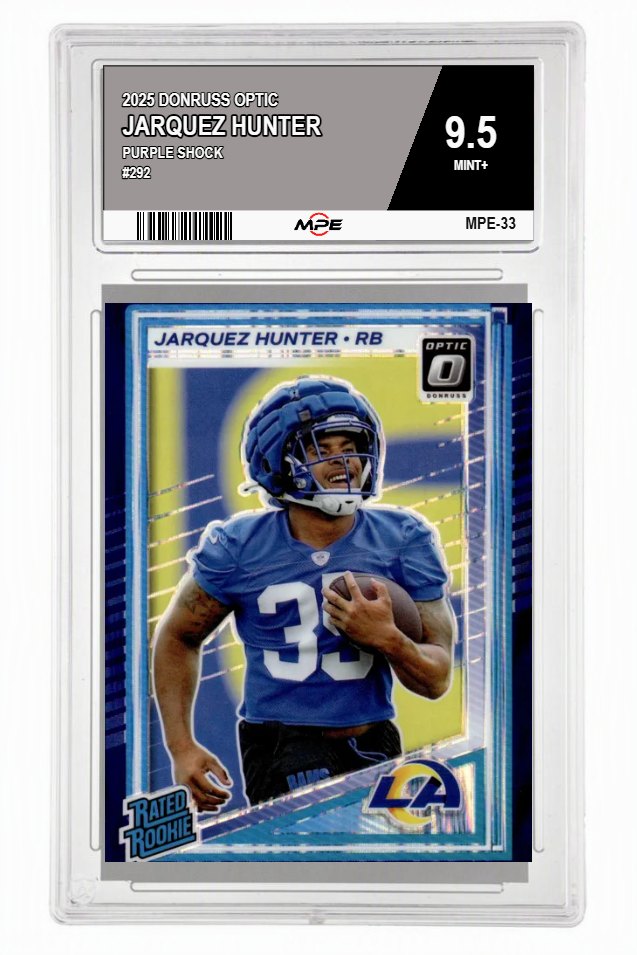 2025 DONRUSS OPTIC PURPLE SHOCK #292 JARQUEZ HUNTER MPE 9.5 MINT+ — graded card auctioned from the MPE vault