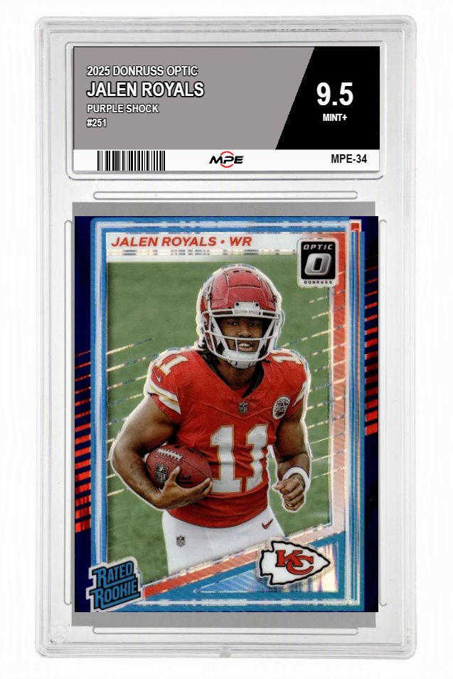 2025 DONRUSS OPTIC PURPLE SHOCK #251 JALEN ROYALS MPE 9.5 MINT+ — graded card auctioned from the MPE vault