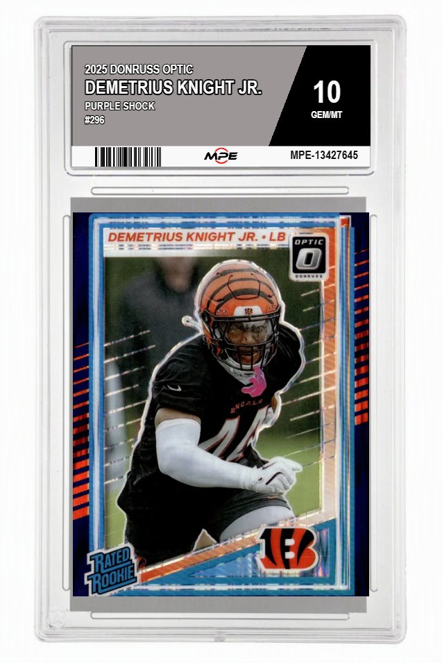 2025 DONRUSS OPTIC PURPLE SHOCK #296 DEMETRIUS KNIGHT JR. MPE 10 GEM/MT — graded card auctioned from the MPE vault