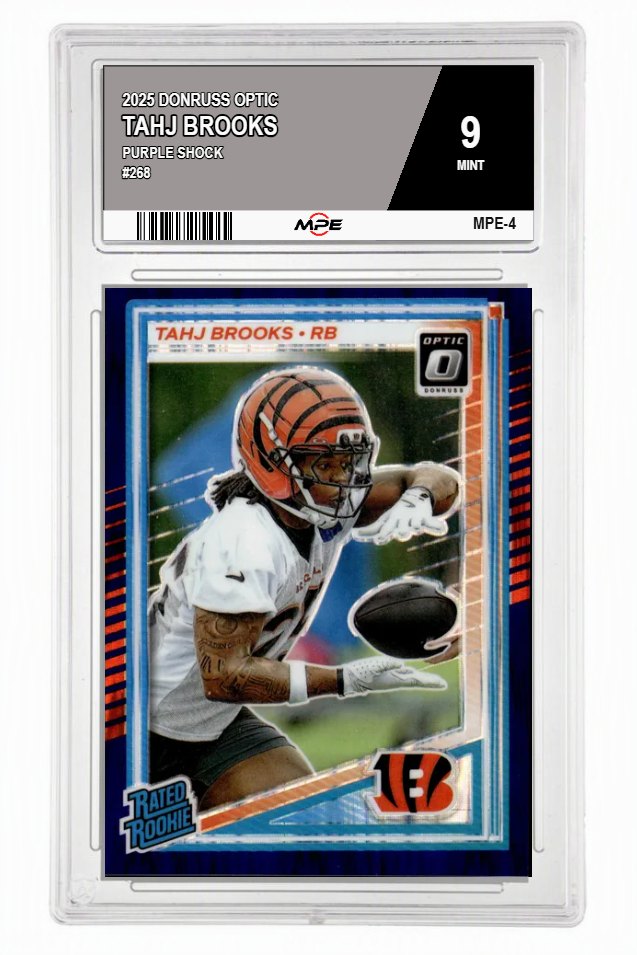 2025 DONRUSS OPTIC PURPLE SHOCK #268 TAHJ BROOKS MPE 9 MINT — graded card auctioned from the MPE vault