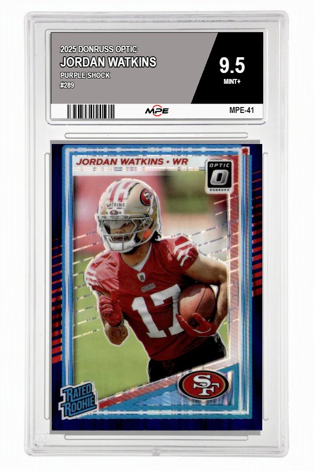 2025 DONRUSS OPTIC PURPLE SHOCK #289 JORDAN WATKINS MPE 9.5 MINT+ — graded card auctioned from the MPE vault