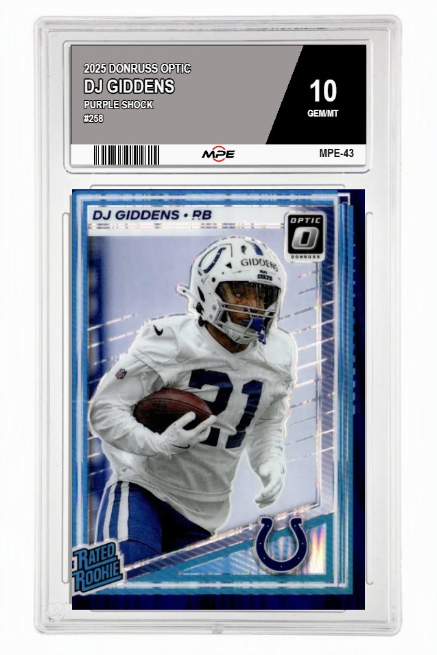 2025 DONRUSS OPTIC PURPLE SHOCK #258 DJ GIDDENS MPE 10 GEM/MT — graded card auctioned from the MPE vault