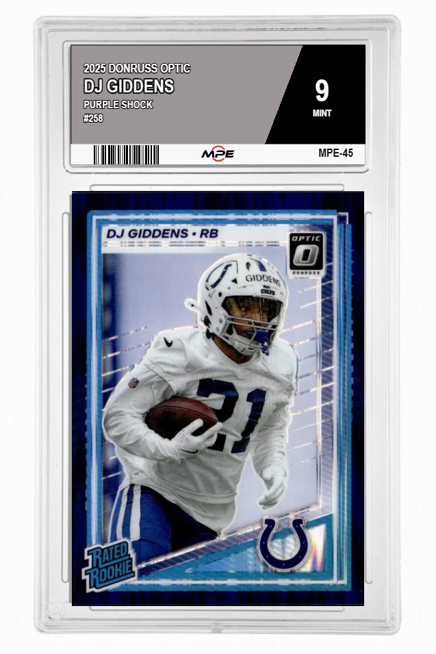 2025 DONRUSS OPTIC PURPLE SHOCK #258 DJ GIDDENS MPE 9 MINT — graded card auctioned from the MPE vault