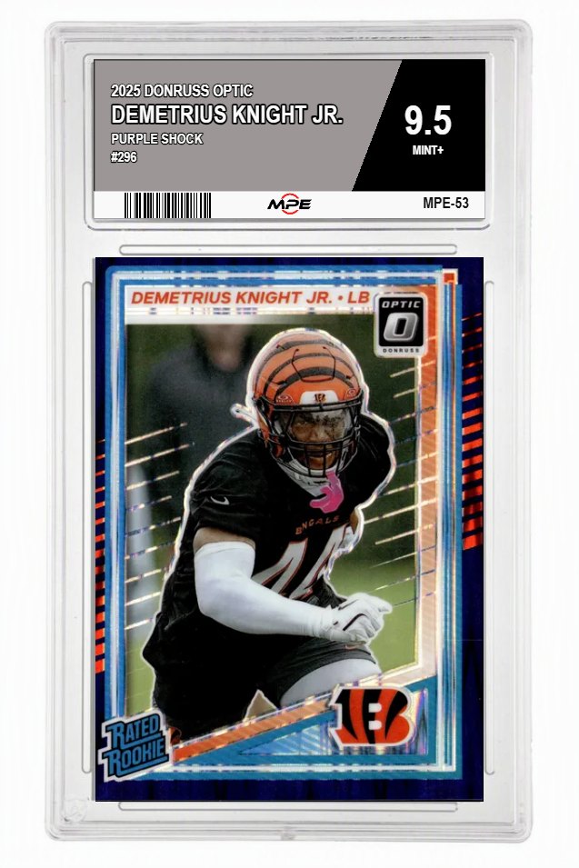 2025 DONRUSS OPTIC PURPLE SHOCK #296 DEMETRIUS KNIGHT JR. MPE 9.5 MINT+ — graded card auctioned from the MPE vault