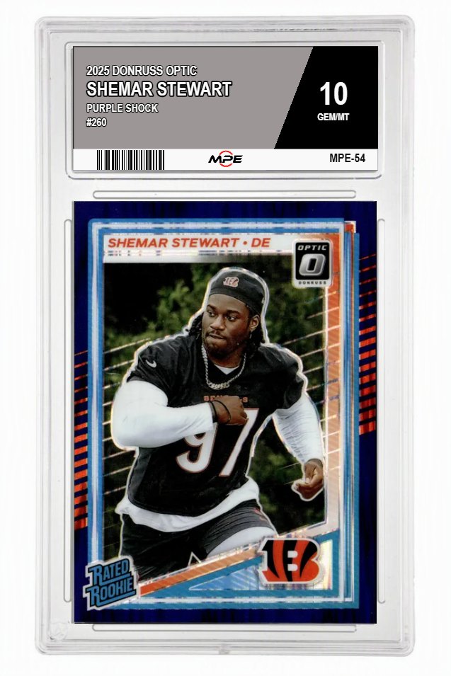 2025 DONRUSS OPTIC PURPLE SHOCK #260 SHEMAR STEWART MPE 10 GEM/MT — graded card auctioned from the MPE vault