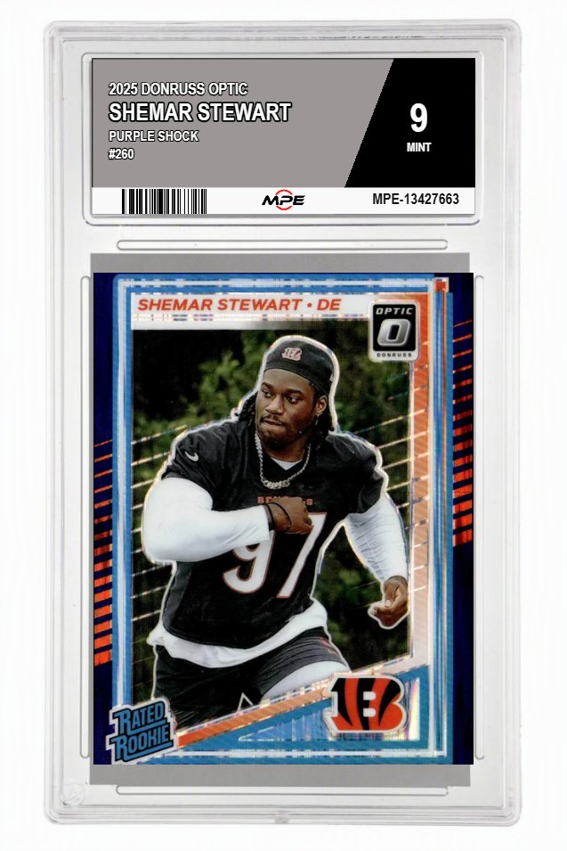 2025 DONRUSS OPTIC PURPLE SHOCK #260 SHEMAR STEWART MPE 9 MINT — graded card auctioned from the MPE vault