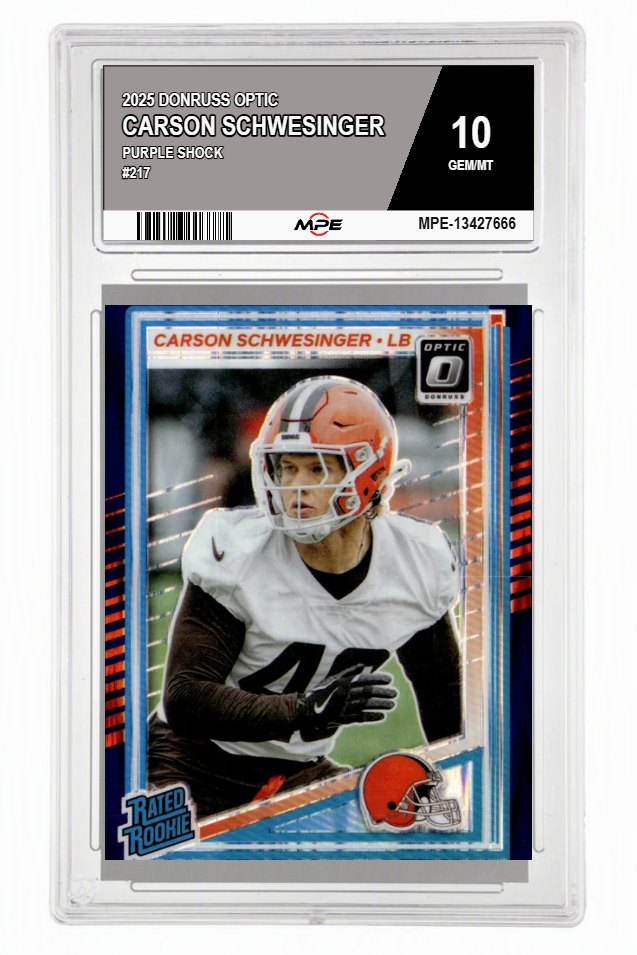 2025 DONRUSS OPTIC PURPLE SHOCK #217 CARSON SCHWESINGER MPE 10 GEM/MT — graded card auctioned from the MPE vault