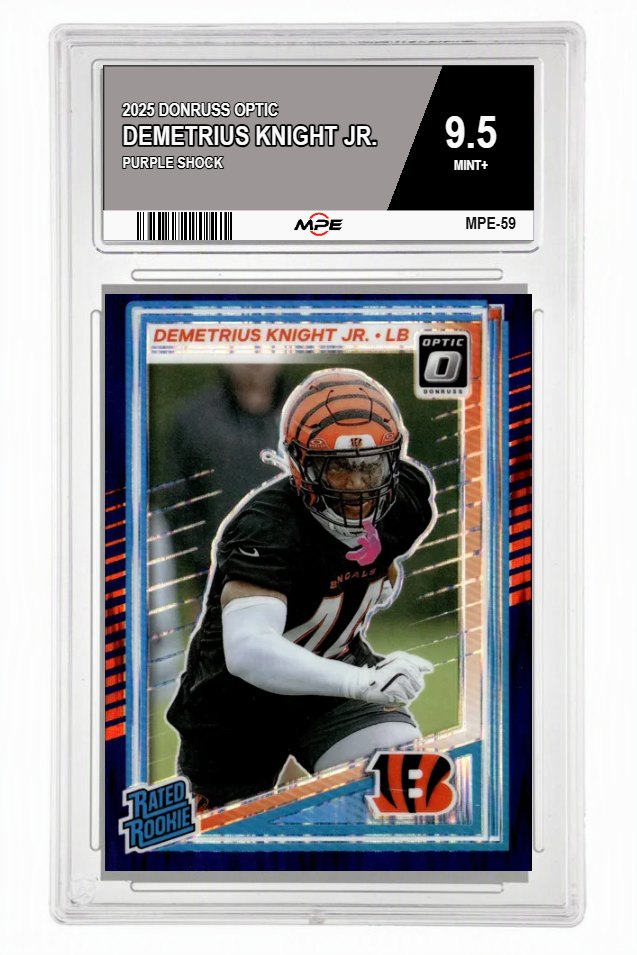 2025 DONRUSS OPTIC PURPLE SHOCK DEMETRIUS KNIGHT JR. MPE 9.5 MINT+ — graded card auctioned from the MPE vault