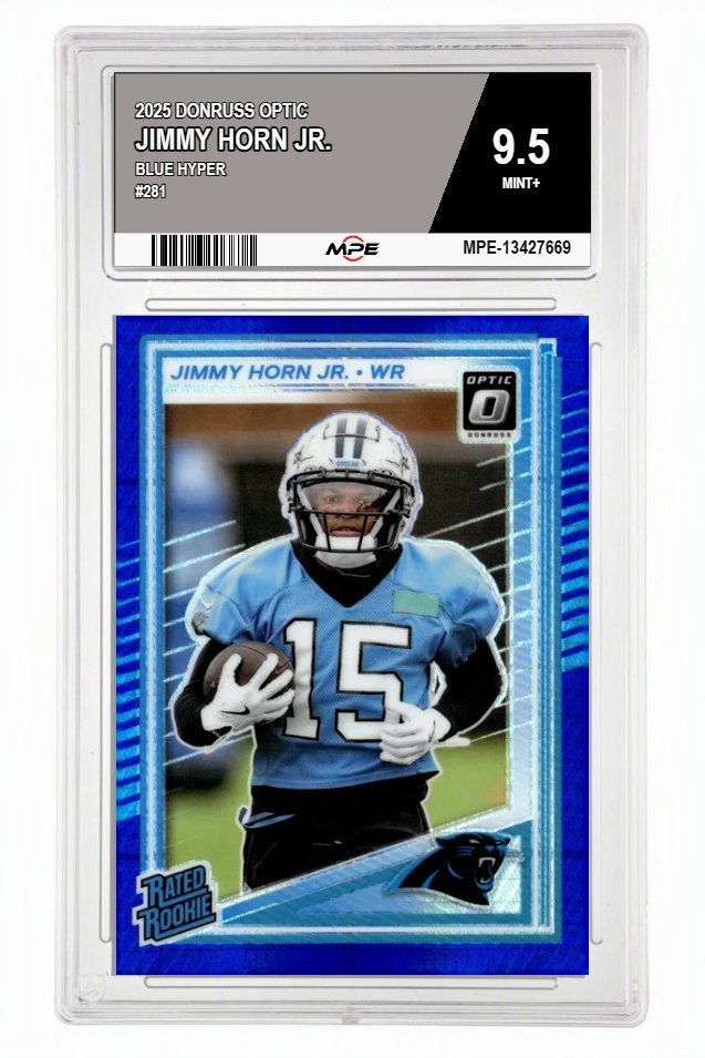 2025 DONRUSS OPTIC BLUE HYPER #281 JIMMY HORN JR. MPE 9.5 MINT+ — graded card auctioned from the MPE vault