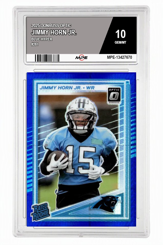 2025 DONRUSS OPTIC BLUE HYPER #281 JIMMY HORN JR. MPE 10 GEM/MT — graded card auctioned from the MPE vault