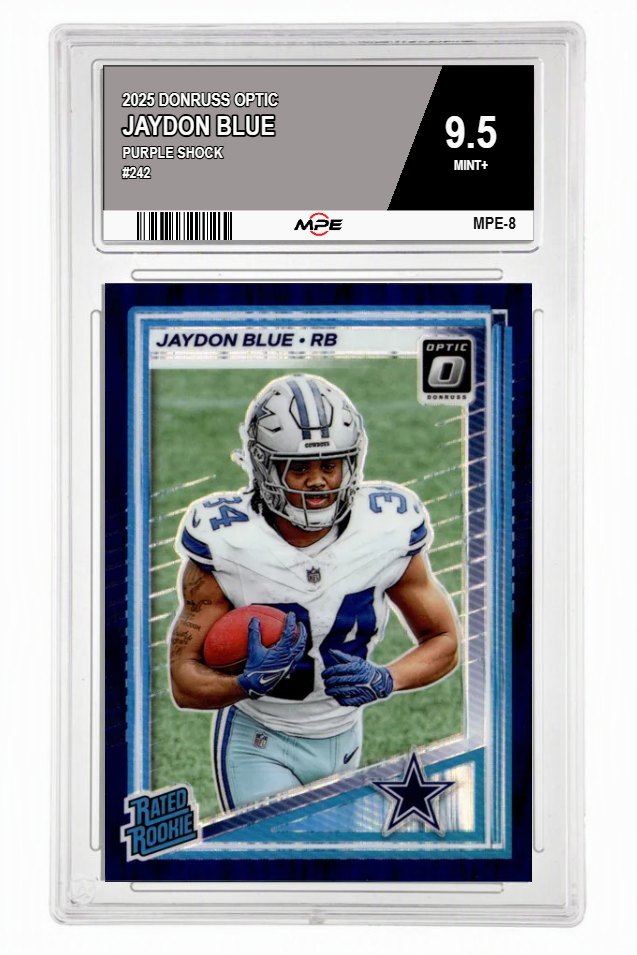 2025 DONRUSS OPTIC PURPLE SHOCK #242 JAYDON BLUE MPE 9.5 MINT+ — graded card auctioned from the MPE vault