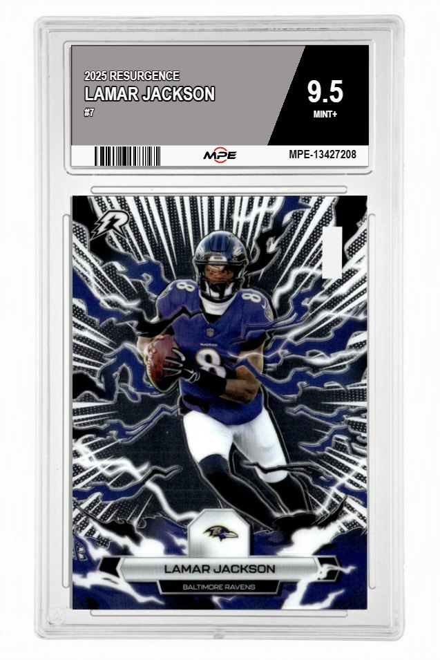 2025 RESURGENCE #7 LAMAR JACKSON MPE 9.5 MINT+ — graded card auctioned from the MPE vault