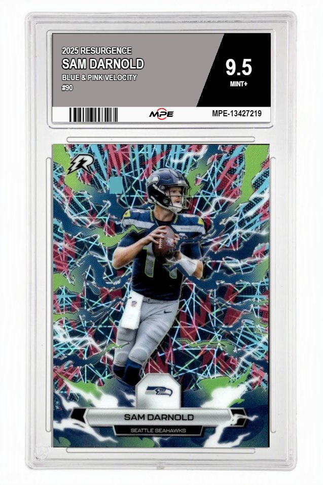 2025 RESURGENCE BLUE & PINK VELOCITY #90 SAM DARNOLD MPE 9.5 MINT+ — graded card auctioned from the MPE vault