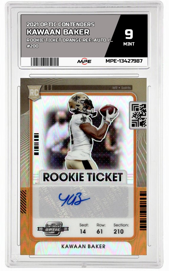 2021 OPTIC CONTENDERS ROOKIE TICKET ORANGE REF.-AUTO /50 #200 KAWAAN BAKER MPE 9 MINT — graded card auctioned from the MPE vault