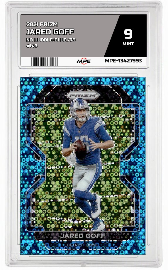 2021 PRIZM NO HUDDLE-BLUE /79 #148 JARED GOFF MPE 9 MINT — graded card auctioned from the MPE vault