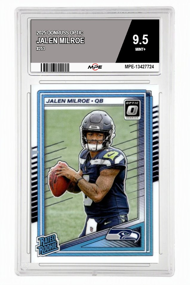 2025 DONRUSS OPTIC #253 JALEN MILROE MPE 9.5 MINT+ — graded card auctioned from the MPE vault