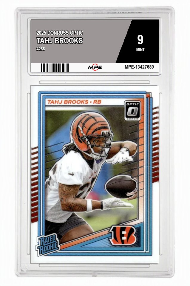 2025 DONRUSS OPTIC #268 TAHJ BROOKS MPE 9 MINT — graded card auctioned from the MPE vault