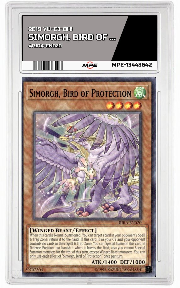 2019 YU-GI-OH! #RIRA-EN020 SIMORGH, BIRD OF PROTECTION MPE 9 MINT — graded card auctioned from the MPE vault
