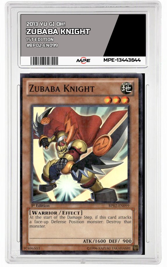 2013 YU GI OH! 1ST EDITION #BP02-EN099 ZUBABA KNIGHT MPE 9 MINT — graded card auctioned from the MPE vault