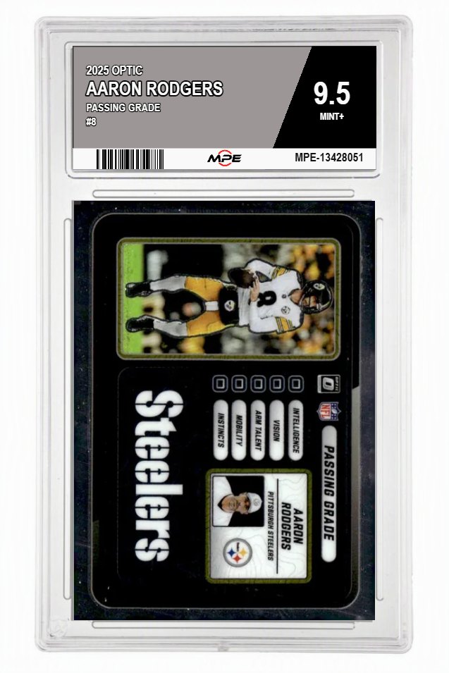 2025 OPTIC PASSING GRADE #8 AARON RODGERS MPE 9.5 MINT+ — graded card auctioned from the MPE vault