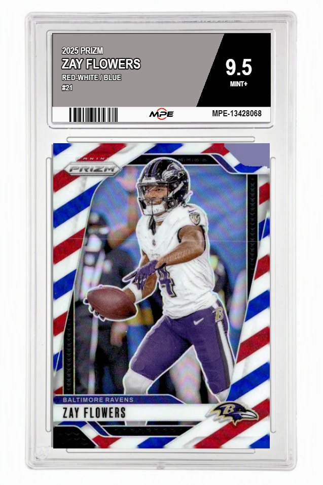 2025 PRIZM RED-WHITE / BLUE #21 ZAY FLOWERS MPE 9.5 MINT+ — graded card auctioned from the MPE vault
