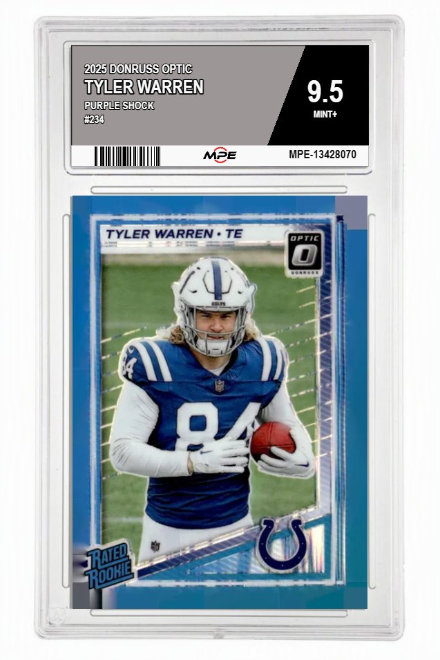 2025 DONRUSS OPTIC PURPLE SHOCK #234 TYLER WARREN MPE 9.5 MINT+ — graded card auctioned from the MPE vault