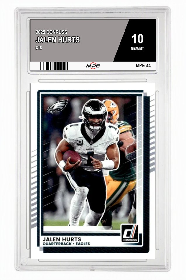 2025 DONRUSS #16 JALEN HURTS MPE 10 GEM/MT — graded card auctioned from the MPE vault