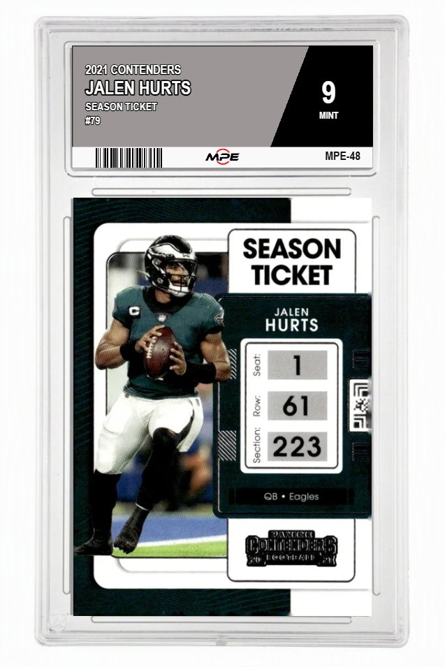 2021 CONTENDERS SEASON TICKET #79 JALEN HURTS MPE 9 MINT — graded card auctioned from the MPE vault