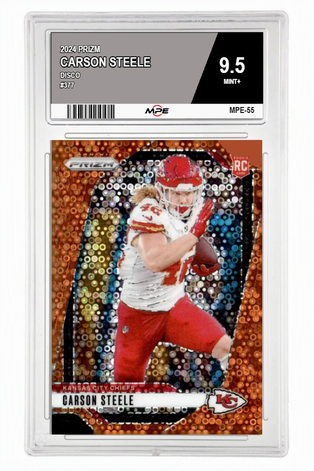 2024 PRIZM DISCO #377 CARSON STEELE MPE 9.5 MINT+ — graded card auctioned from the MPE vault