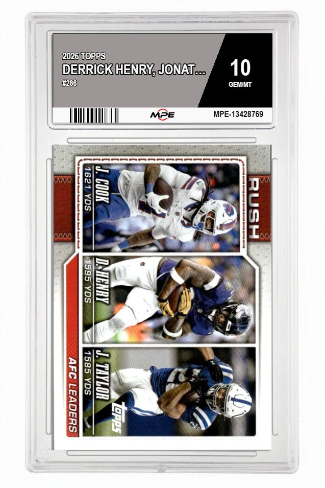 2026 TOPPS #286 DERRICK HENRY, JONATHAN TAYLOR, JAMES COOK MPE 10 GEM/MT — graded card auctioned from the MPE vault