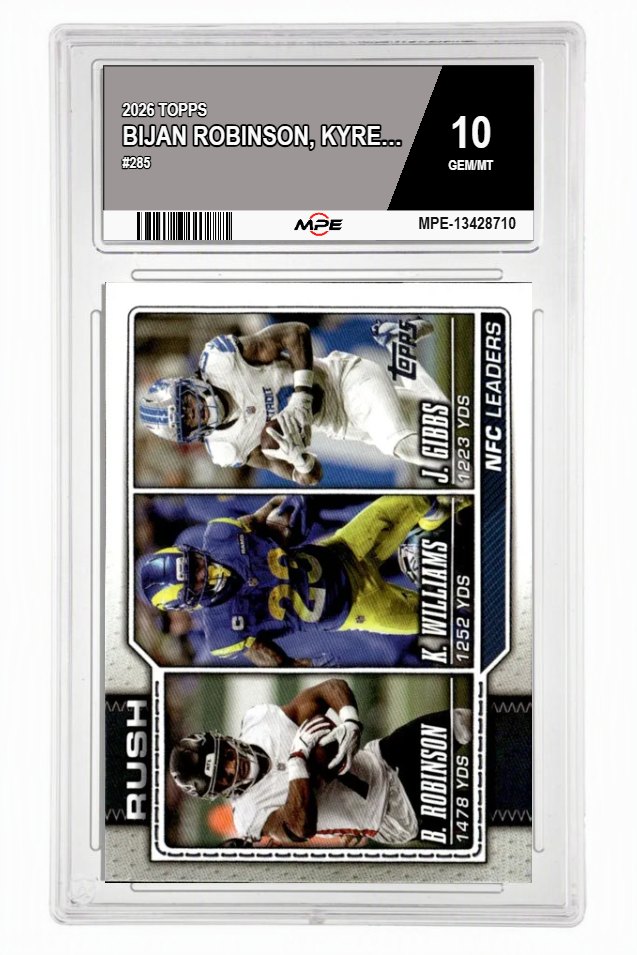 2026 TOPPS #285 BIJAN ROBINSON, KYREN WILLIAMS, JAHMYR GIBBS MPE 10 GEM/MT — graded card auctioned from the MPE vault