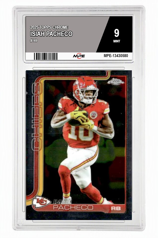 2025 TOPPS CHROME #149 ISIAH PACHECO MPE 9 MINT — graded card auctioned from the MPE vault