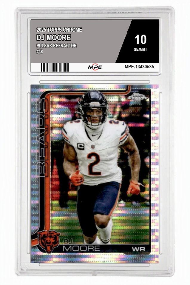 2025 TOPPS CHROME Pulsar Refractor #48 DJ MOORE MPE 10 GEM/MT — graded card auctioned from the MPE vault