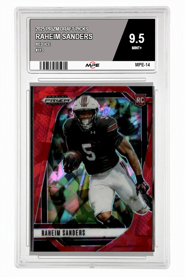 2025 PRIZM DRAFT PICKS RED ICE #113 RAHEIM SANDERS MPE 9.5 MINT+ — graded card auctioned from the MPE vault
