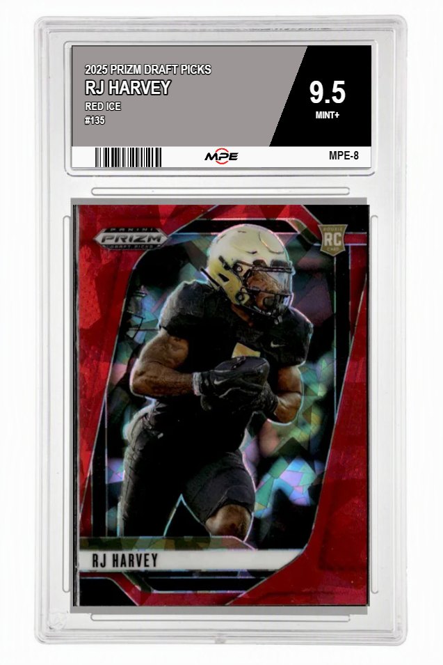 2025 PRIZM DRAFT PICKS RED ICE #135 RJ HARVEY MPE 9.5 MINT+ — graded card auctioned from the MPE vault